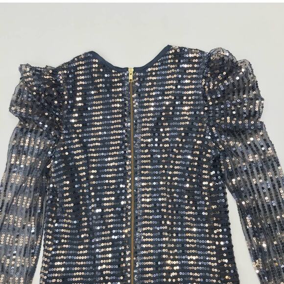 French Connection Blue Gold Sequins Sheer Sleeve Party Cocktail Dress Size 8 - Picture 7 of 9